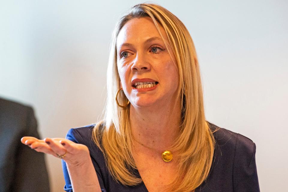 Joanna Champney, director of the Division of Substance Abuse and Mental Health, speaks at a Delaware drug overdose community briefing and response meeting at Delaware State Police Troop 2 in Glasgow on Wednesday, Jan. 18, 2023.