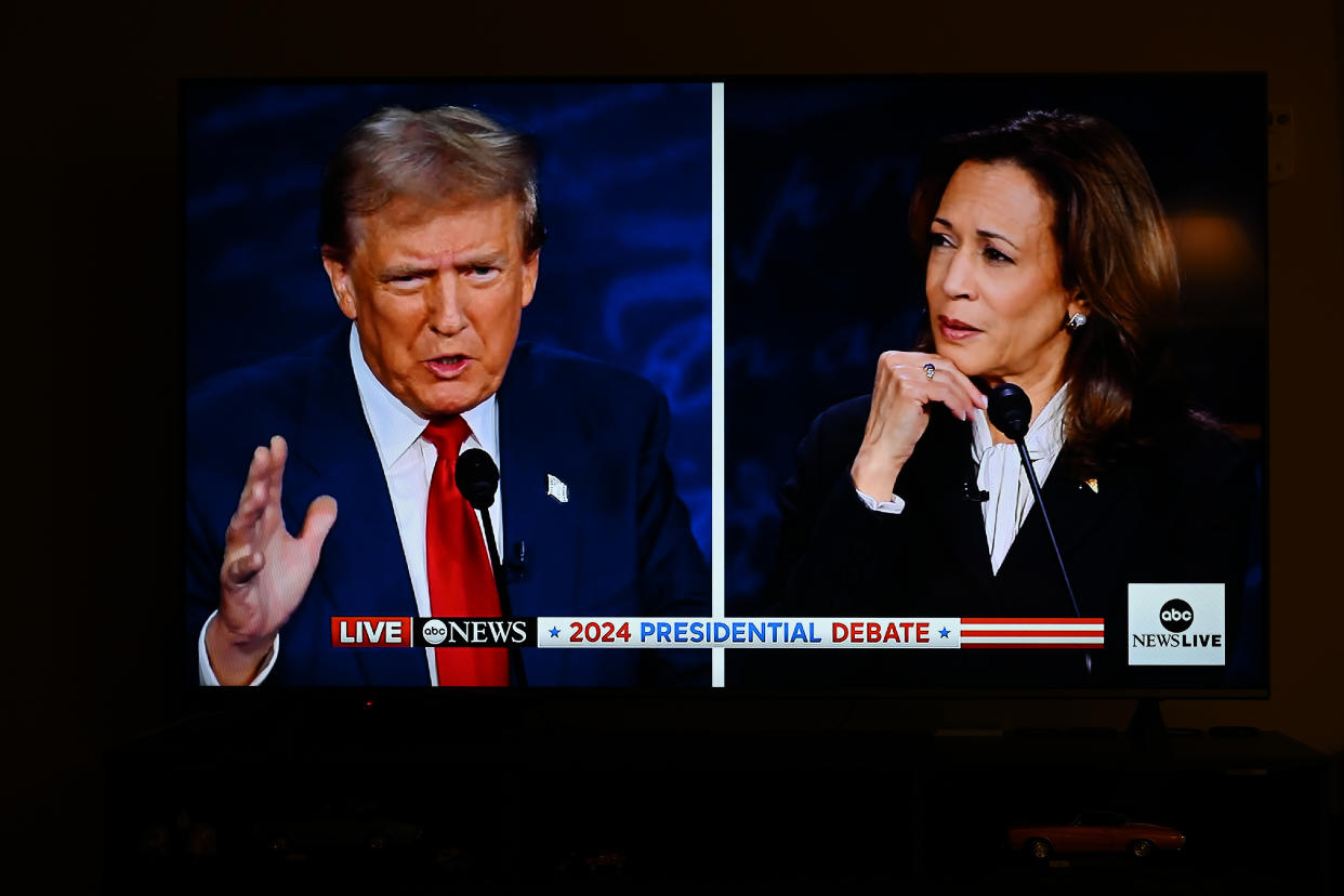 CALIFORNIA, UNITED STATES - SEPTEMBER 10: Former President of the United States Donald J. Trump and Vice President Harris's first Presidential Debate is displayed on a TV screen in Foster City, California, United States on September 10, 2024. (Photo by Tayfun Coskun/Anadolu via Getty Images)