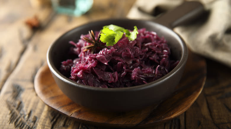 Braised red cabbage in rustic dish