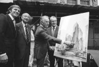 <p>From left: Donald Trump, Mayor Ed Koch, Gov. Hugh Carey, and Robert T. Dormer pose with an artist’s conception of the New York Hyatt Hotel at a launching ceremony on June 28, 1978.<i> (Photo: AP)</i> </p>