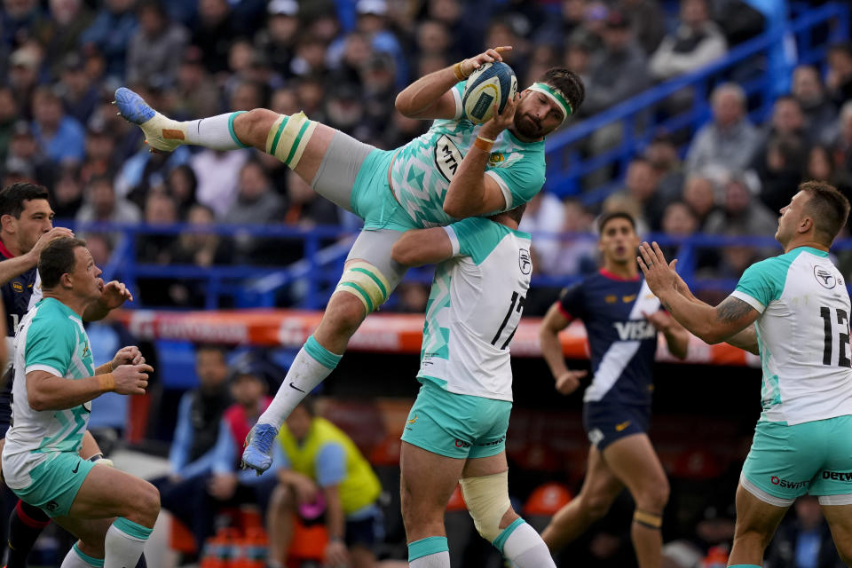 South Africa's Jean Kleyn holds the ball during a rugby test match against Argentina, at the Jose Amalfitani stadium in Buenos Aires, Argentina, Saturday, Aug. 5, 2023. (AP Photo/Natacha Pisarenko)