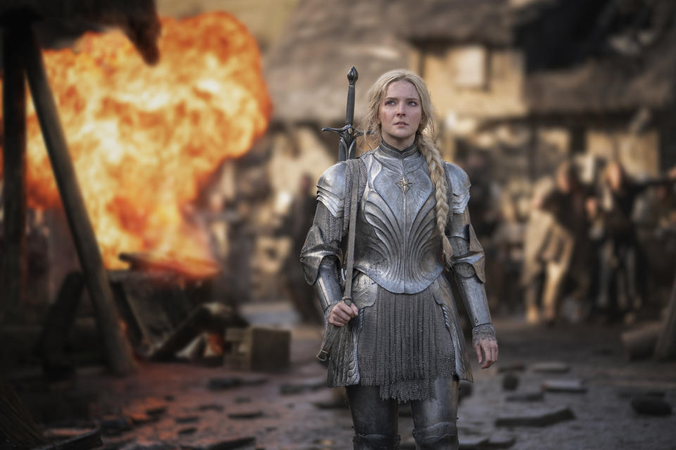 This image released by Amazon Studios shows Morfydd Clark in a scene from "The Lord of the Rings: The Rings of Power." (Amazon Studios via AP)