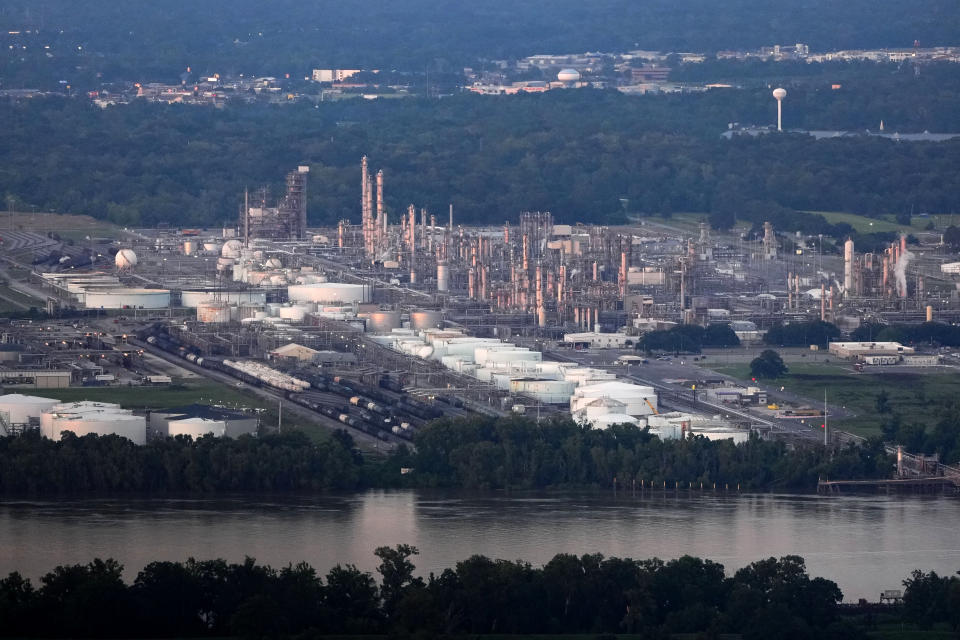 A chemical and petroleum industrial corridor, that is a known source of ethylene oxide emissions, is seen from this aerial photo, in Ascension Parish, La., Friday, June 7, 2024. (AP Photo/Gerald Herbert)