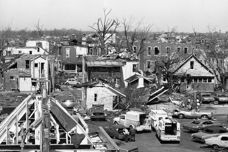 FILE - This is a section of Xenia Ohio on April 5, 1974. The deadly tornado killed 32 people, injured hundreds and leveled half the city of 25,000. Nearby Wilberforce was also hit hard. As the Watergate scandal unfolded in Washington, President Richard Nixon made an unannounced visit to Xenia to tour the damage. Xenia's was the deadliest and most powerful tornado of the 1974 Super Outbreak. (AP Photo)