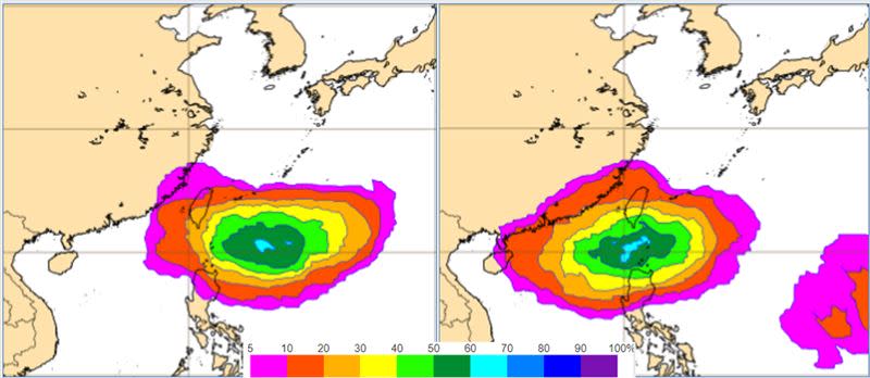 圖：最新(27日20時)歐洲(ECMWF)系集模式模擬顯示，4日20時台灣東南方海面，熱帶擾動發展成颱機率已調高至70％(左圖)，6日20時機率最高值已移入巴士海峽(右圖)。