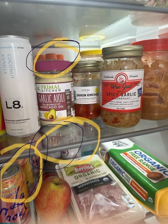 In the early stages of dating, Kayla circled all the items in Warren's fridge that did not align with her lifestyle.