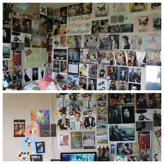 Two walls covered in posters, photos, and magazine covers featuring people like Benedict Cumberbatch and Idris Elba and a large "I left my heart in Middle Earth" poster