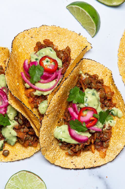 <p>These vegan tacos are loaded with bright flavours and a variety of textures—just like any good taco should be! Serve them up with some <a href="https://www.delish.com/uk/cocktails-drinks/a33441209/frozen-blue-moscato-margaritas-recipe/" rel="nofollow noopener" target="_blank" data-ylk="slk:frozen margaritas" class="link rapid-noclick-resp">frozen margaritas</a> and <a href="https://www.delish.com/uk/cooking/recipes/a29947768/best-ever-guacamole-recipe/" rel="nofollow noopener" target="_blank" data-ylk="slk:homemade guacamole" class="link rapid-noclick-resp">homemade guacamole</a> for the full Taco Tuesday experience.</p><p>Get the <a href="https://www.delish.com/uk/cooking/recipes/a33542524/vegan-tacos-recipe/" rel="nofollow noopener" target="_blank" data-ylk="slk:Vegan Chipotle Lentil Tacos" class="link rapid-noclick-resp">Vegan Chipotle Lentil Tacos</a> recipe.</p>