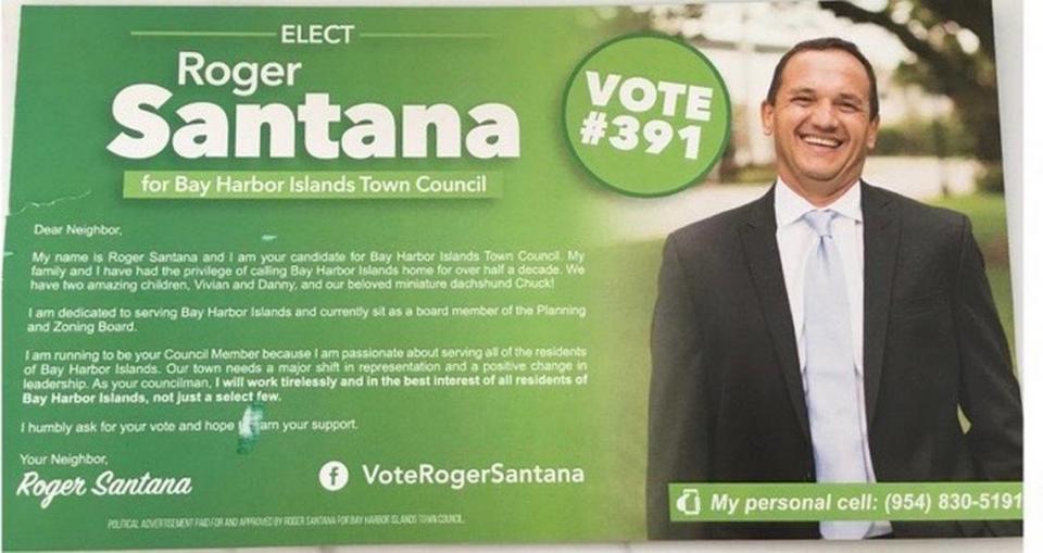 A campaign mailer for Roger Santana sent to residents in Bay Harbor Islands.