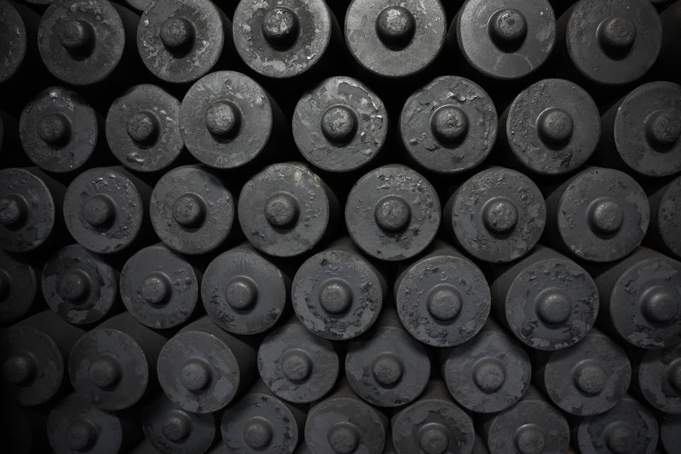 155 mm M795 artillery projectiles are stacked at the Scranton Army Ammunition Plant, Tuesday, Aug. 27, 2024, in Scranton, Pa. (AP Photo/Matt Slocum)