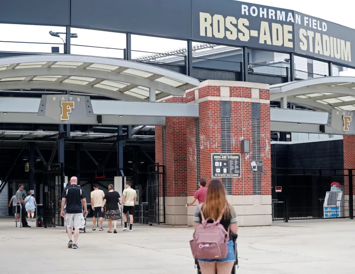 Fans file in for a Purdue University football practice, Friday, Aug. 5, 2022, at Ross-Ade Stadium in West Lafayette, Ind. 