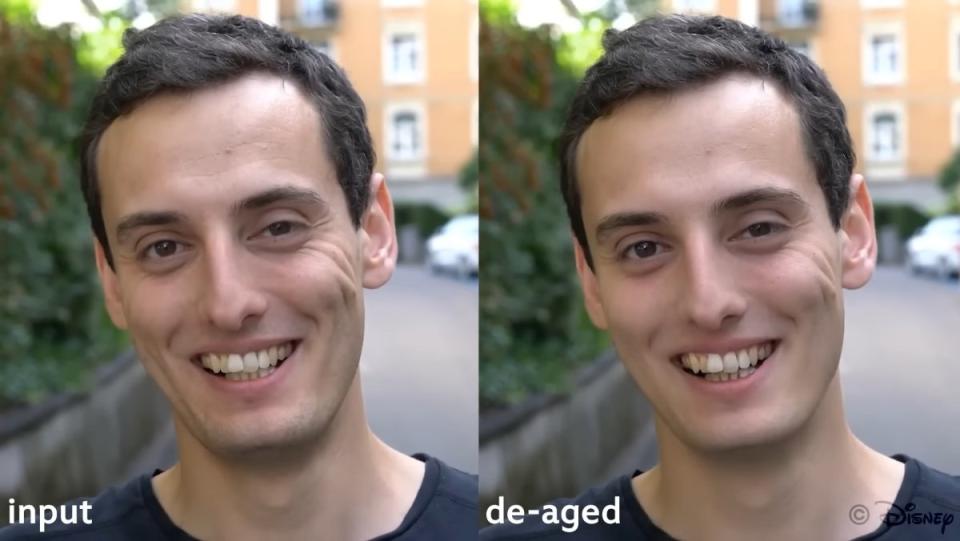Side by side of a man smiling and a de-aged version of the same