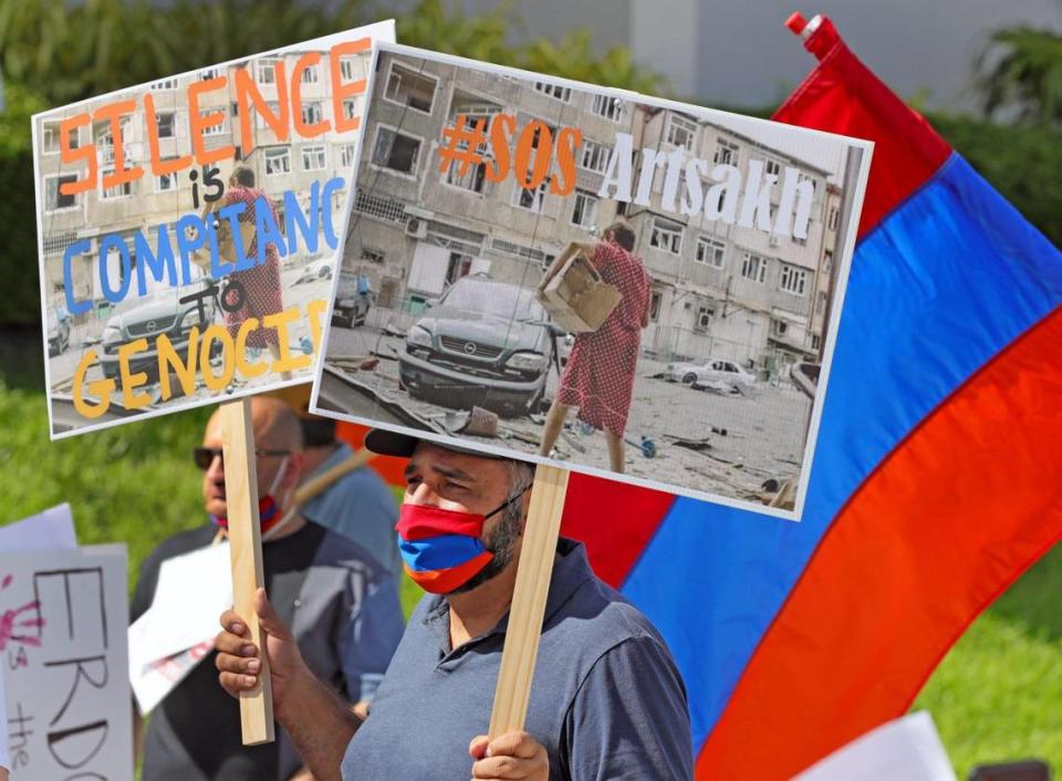 Mihran Vardanyan protests against the government of Azerbaijan, and stands in favor of national independence for the Republic of Artsakh during a rally on Miami Beach on Friday, October 23, 2020.