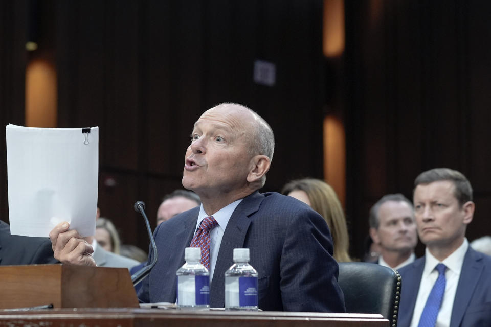 Boeing CEO David Calhoun testifies at a Senate Homeland Security Subcommittee on Investigations at the Capitol Hill Tuesday, June 18, 2024, in Washington. (AP Photo/Mariam Zuhaib)