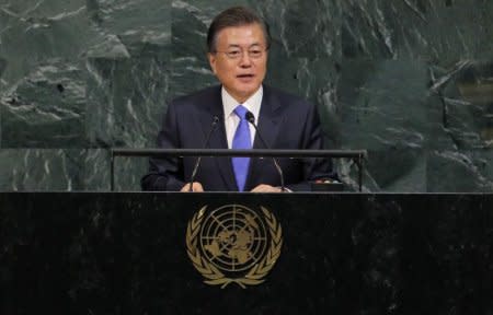 South Korean President Moon Jae-in addresses the 72nd United Nations General Assembly at U.N. headquarters in New York, U.S., September 21, 2017. REUTERS/Lucas Jackson