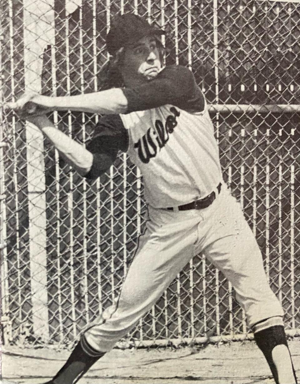 Gary Miles, who led the Lower Bucks County League with a .489 average in 1975, takes a healthy cut for Wilson High School.