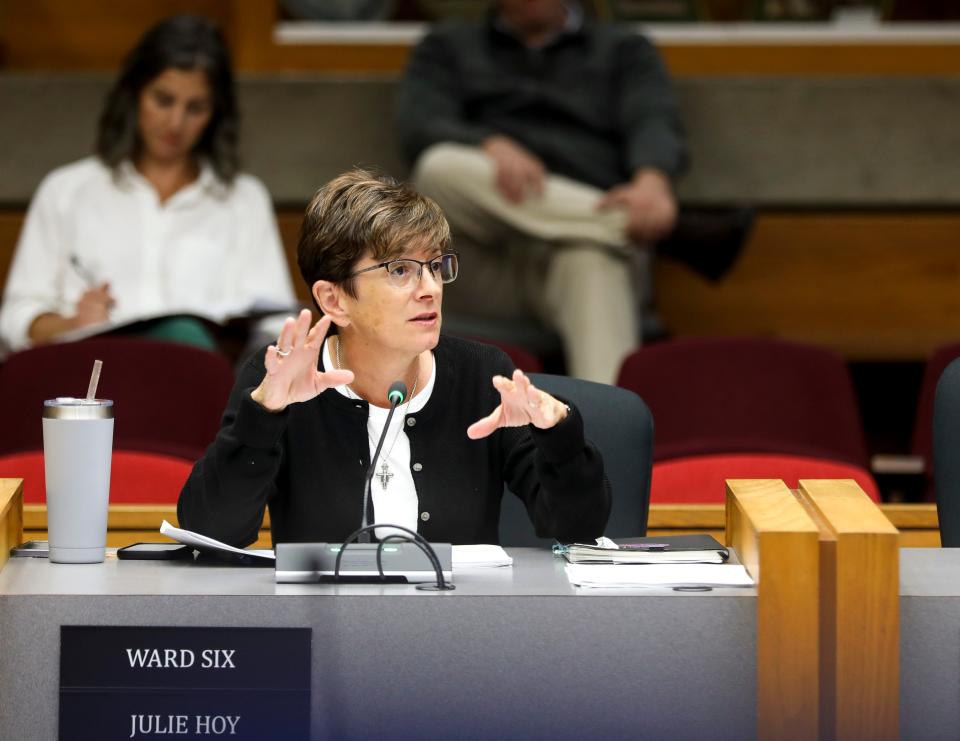 City Councilor for Ward 6, Julie Hoy, talks during a city council Sept. 11, at City Hall.