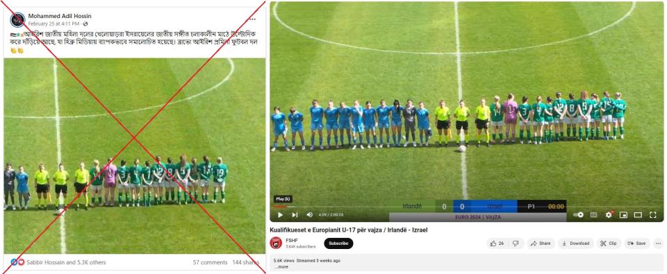 <span>Screenshot comparison of the image used in the false posts (left) and the same frame from a video of the match (right)</span>