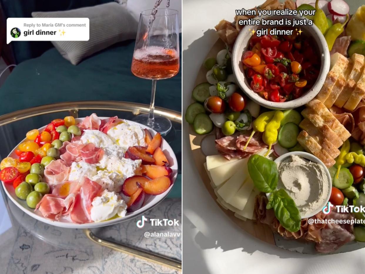 Plates from the viral TikTok "girl dinner" trend.