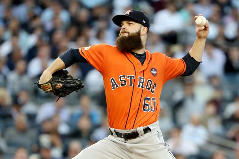 Dallas Keuchel of the Houston Astros pitches during the second inning against the New York Yankees in Game Five of the American League Championship Series, at Yankee Stadium in New York, on October 18, 2017