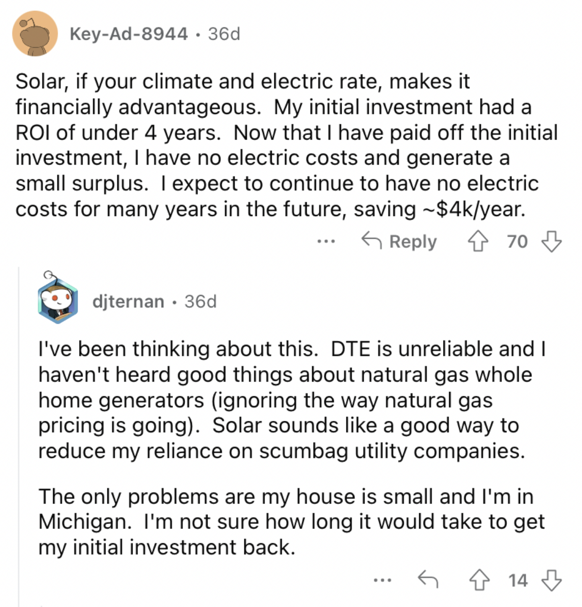 Reddit screenshot about the value of solar equipment.