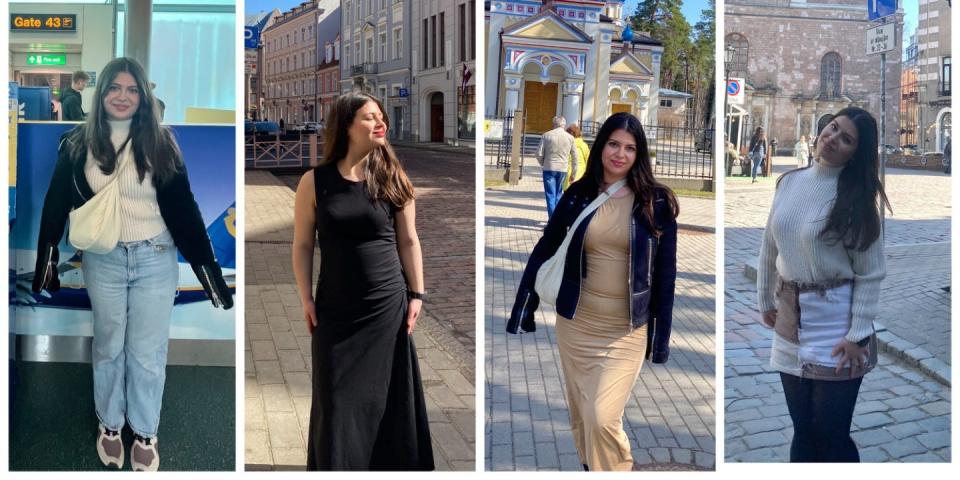 The four outfits. White jumper and blue jeans, white jumper and skirt, gold dress, black dress.