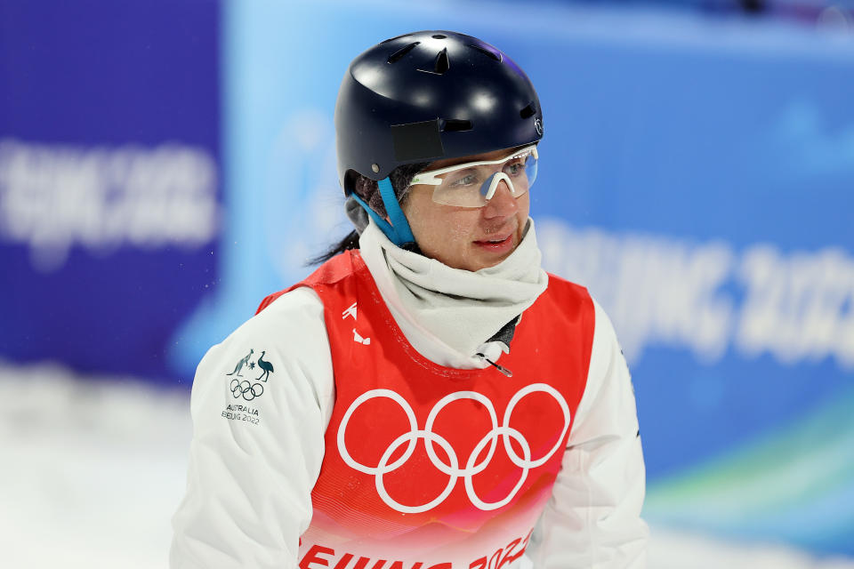 Seen here, Australia's Laura Peel reacting after a crash in the women's freestyle skiing aerials final.