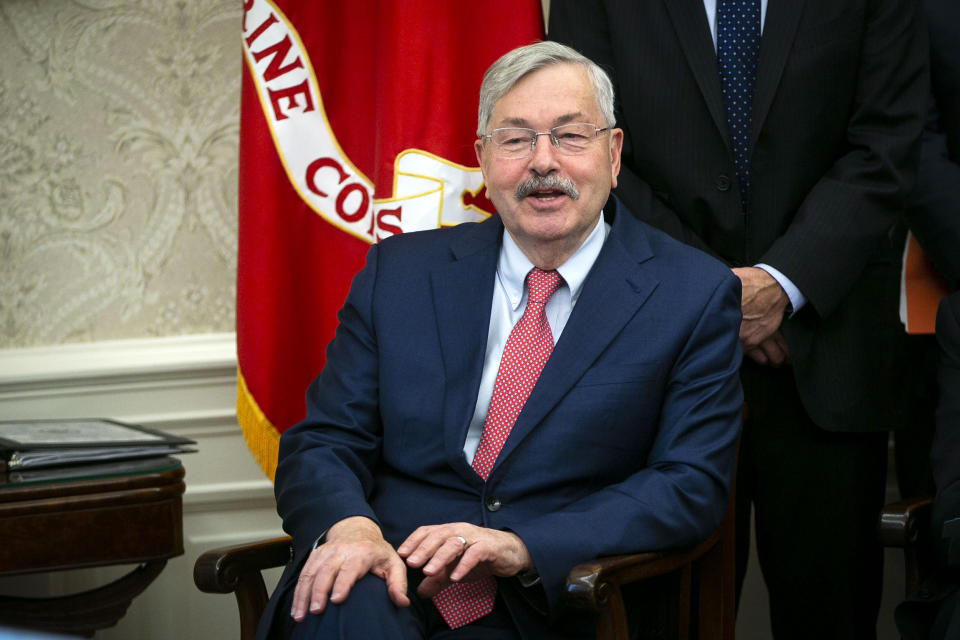 IMage: Terry Branstad, U.S. Ambassador to China, speaks during a trade meeting with Liu He, China's vice premier, in the Oval Office (Al Drago / Bloomberg via Getty Images file)