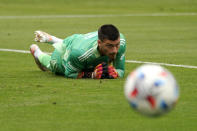 Los Angeles Galaxy goalkeeper Jonathan Bond watches a shot go wide during the first half of a Major League Soccer match against Austin FC Saturday, May 15, 2021, in Carson, Calif. (AP Photo/Mark J. Terrill)