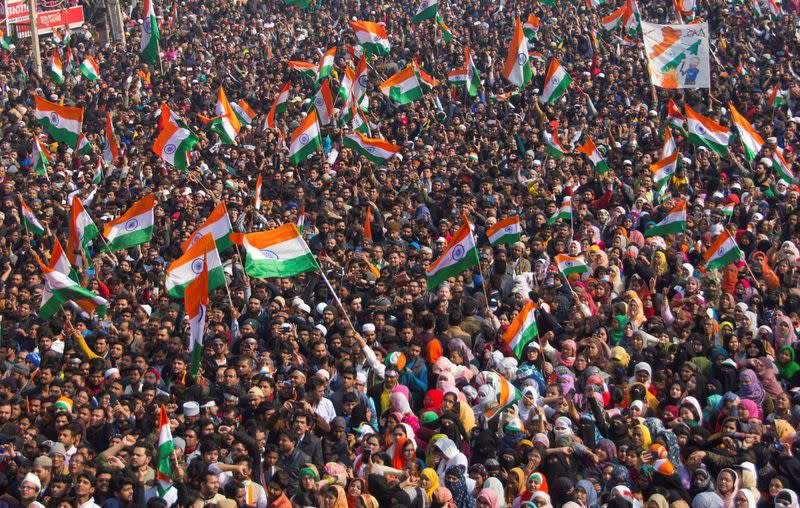 Demonstrators attend Republic Day celebrations at the protest site against a new citizenship law in Shaheen Bagh, area of New Delhi