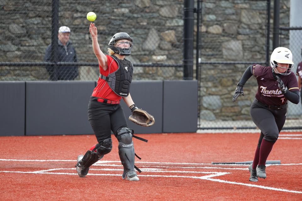 Rogers High School catcher Brynn Palmer turned offensive on Monday as she had a double, single and four RBIs in helping the Vikings to an upset win over the Shea/Tolman co-op team.