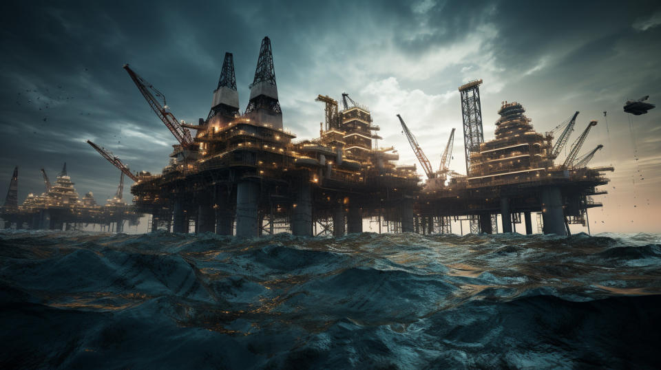 A drill cutting into the Earth, amidst a backdrop of oil rigs in the Gulf of Mexico.