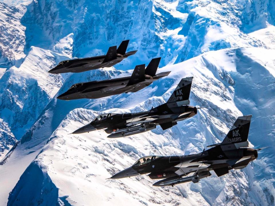 F-35A F-16 fighter jets over Denali Alaska