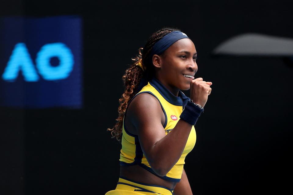 MELBOURNE, AUSTRALIA - JANUARY 19: Coco Gauff of the United States celebrates match point in their round three singles match against Alycia Parks of the United States during the 2024 Australian Open at Melbourne Park on January 19, 2024 in Melbourne, Australia. (Photo by Kelly Defina/Getty Images)