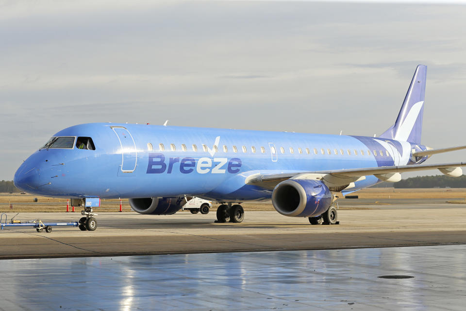 This photo provided by CeanOrrett shows a Breeze aircraft. Two new U.S. airlines are planning on starting service this spring, tapping into the travel recovery that is picking up speed. Breeze Airways is next up, the latest creation of David Neeleman, who founded JetBlue Airways more than 20 years ago. (CeanOrrett via AP)