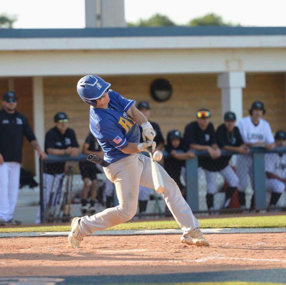 Ripon Christian’s Grant Sonke makes contact with a pitch during the CIF Sac-Joaquin Section Division VI championship against Leroy Greene Academy at Islander’s Park in Lathrop, Calif. on Tuesday, May 21, 2024.