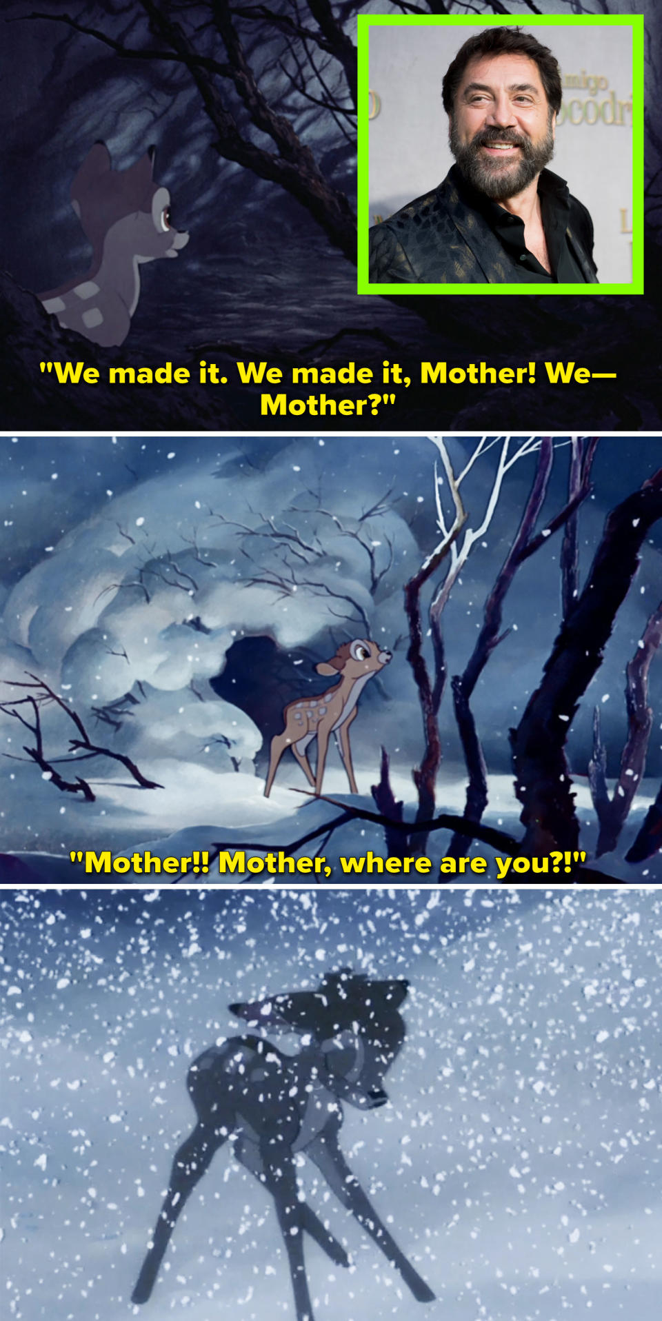 Bambi in the snow asking where his mother is