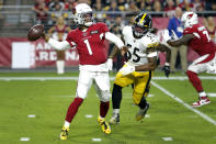 Arizona Cardinals quarterback Kyler Murray (1) throws as Pittsburgh Steelers linebacker Devin Bush pursues during the first half of an NFL football game, Sunday, Dec. 8, 2019, in Glendale, Ariz. (AP Photo/Rick Scuteri)