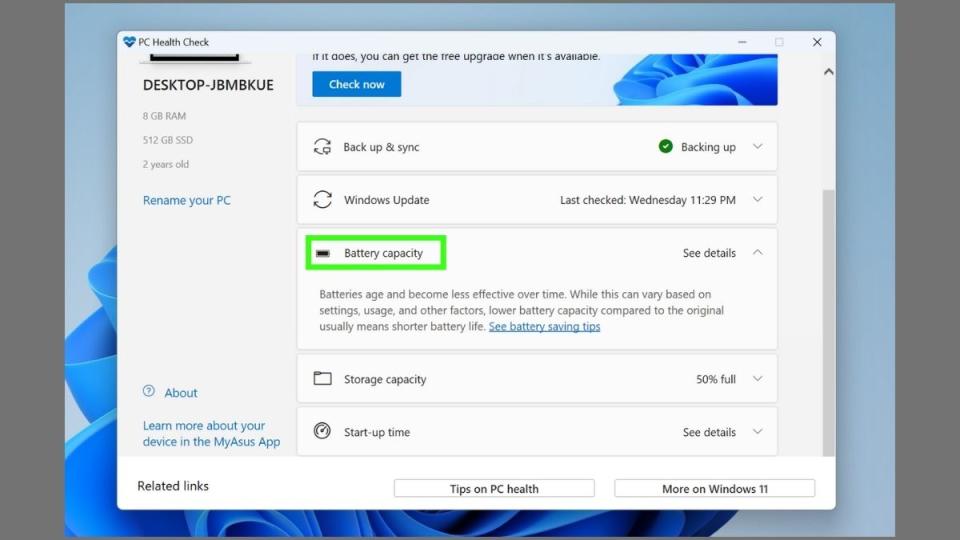 Screenshot showing how to check the health of your Windows PC using PC Health Check - Battery efficiency