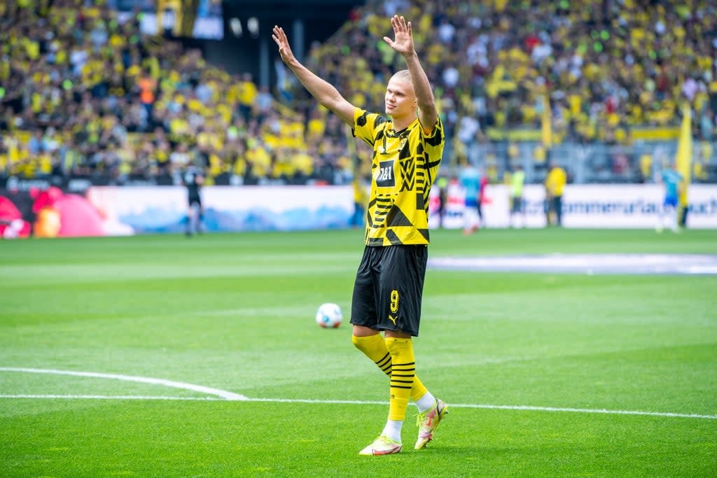 Erling Haaland signed off with a goal in his final Bundesliga appearance for Borussia Dortmund (David Inderlied/dpa via AP) (AP)