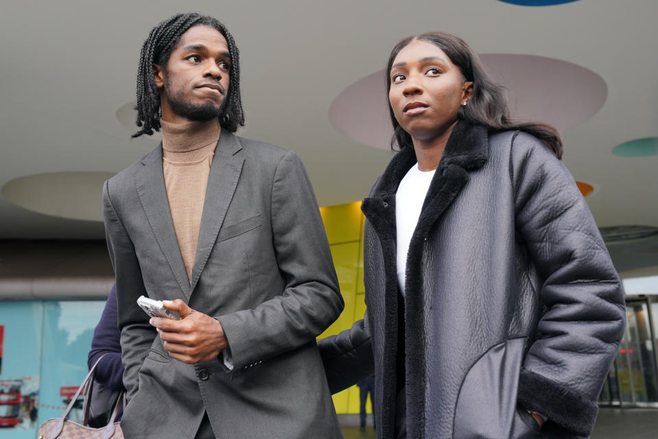 Athletes Bianca Williams and Ricardo Dos Santos speak to the media outside Palestra House, central London, after the judgement was given for the gross misconduct hearing of five Metropolitan Police officers over their stop and search. The disciplinary hearing has found the behaviour of two Metropolitan Police officers - Pc Jonathan Clapham and Pc Sam Franks - amounted to gross misconduct. Acting Police Sergeant Rachel Simpson, Pc Allan Casey and Pc Michael Bond were found not to have breached any standards. Ms Williams and Mr Dos Santos were stopped and handcuffed in Maida Vale, north London in July 2020 while driving along with their baby. Picture date: Wednesday October 25, 2023. (Photo by Jonathan Brady/PA Images via Getty Images)