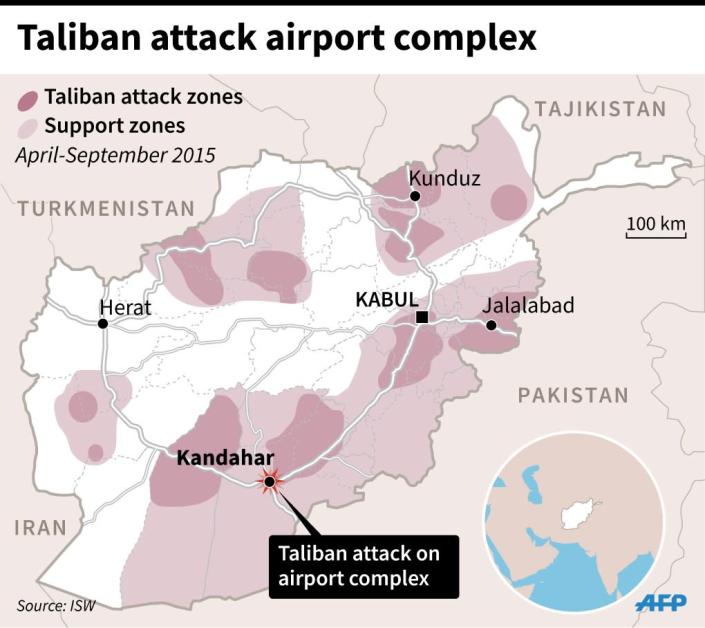 Map locating Kandahar in Afghanistan, where the airport was attacked by Taliban fighters (89x80mm) (AFP Photo/A. Leung)