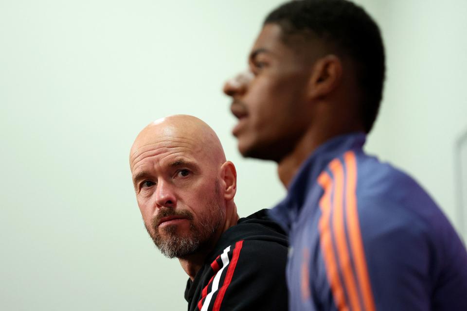 Manchester United manager Erik ten Hag (left) listening to Marcus Rashford during a pre-season press conference in Melbourne.