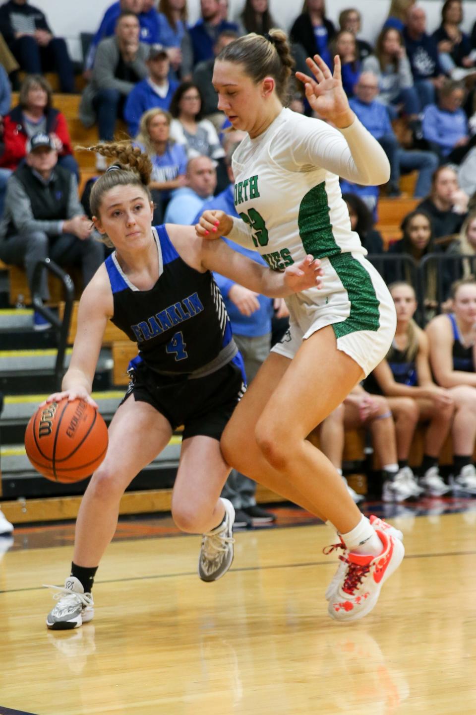 Franklin Community Addie Morris (4) tries to find an open path to the basket as Franklin Community takes on Evansville North High School in the Girls Class 4A IHSAA Region 8 basketball championship, Feb 10, 2024; Bedford, IN, USA; at Bedford North Lawrence High School.