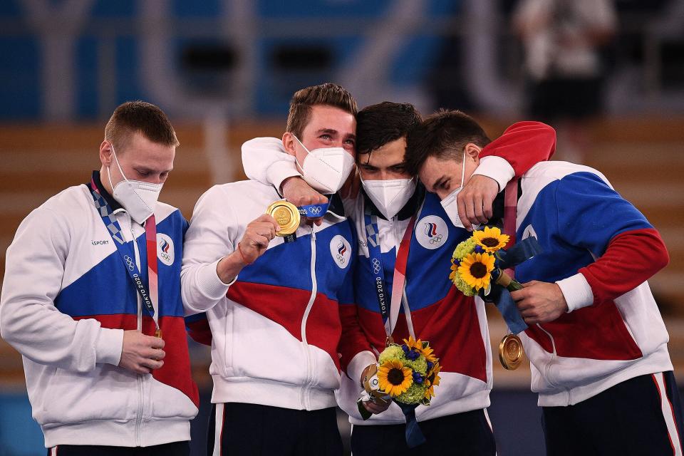 Gold medalits Russia's Denis Abliazin , Russia's David Belyavskiy, Russia's Artur Dalaloyan and Russia's Nikita Nagornyy