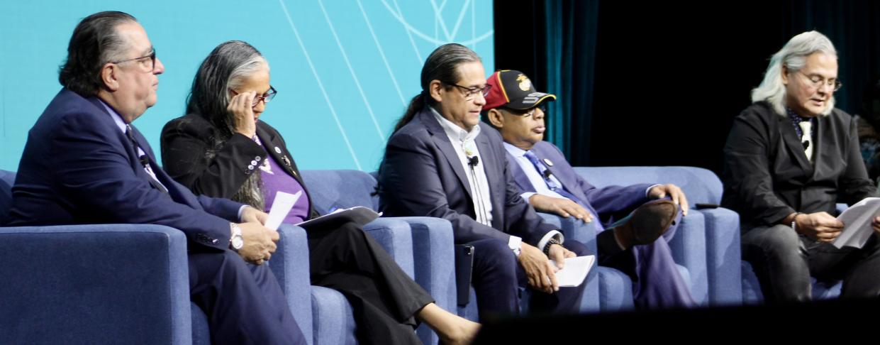 The three candidates, Cheryl Andrews-Maltais, chairwoman of the Wampanoag Tribe of Gay Head Aquinnah;  Mark Macarro, tribal chairman of the Pechanga Band of Luiseño Indians; and  Marshall Pierite, chairman of  the Tunica-Biloxi Tribe of Louisiana, were interviewed at NCAI Convention by Levi Rickert and Dr. Aaron Payment on Tuesday in New Orleans. (Photo/Native News Online)