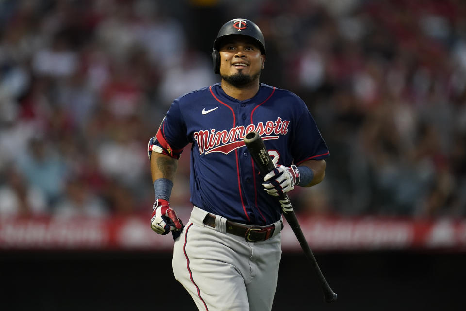 Minnesota Twins' Luis Arraez (2) reacts after lining out to right field during the fourth inning of a baseball game against the Los Angeles Angels in Anaheim, Calif., Friday, Aug. 12, 2022. (AP Photo/Ashley Landis)