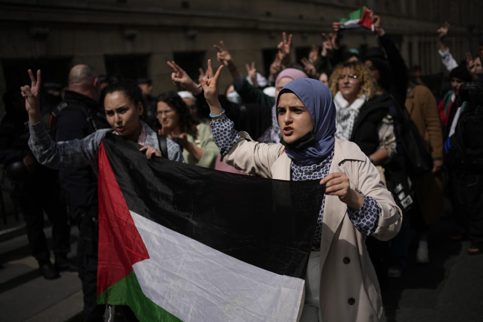 Students demonstrate outside La Sorbonne university, Monday, April 29, 2024 in Paris. About 100 Pro-Palestinian students demonstrate near the Sorbonne university in Paris. The demonstration came on the heels of protests last week at another Paris-region school, Sciences Po. (AP Photo/Christophe Ena)