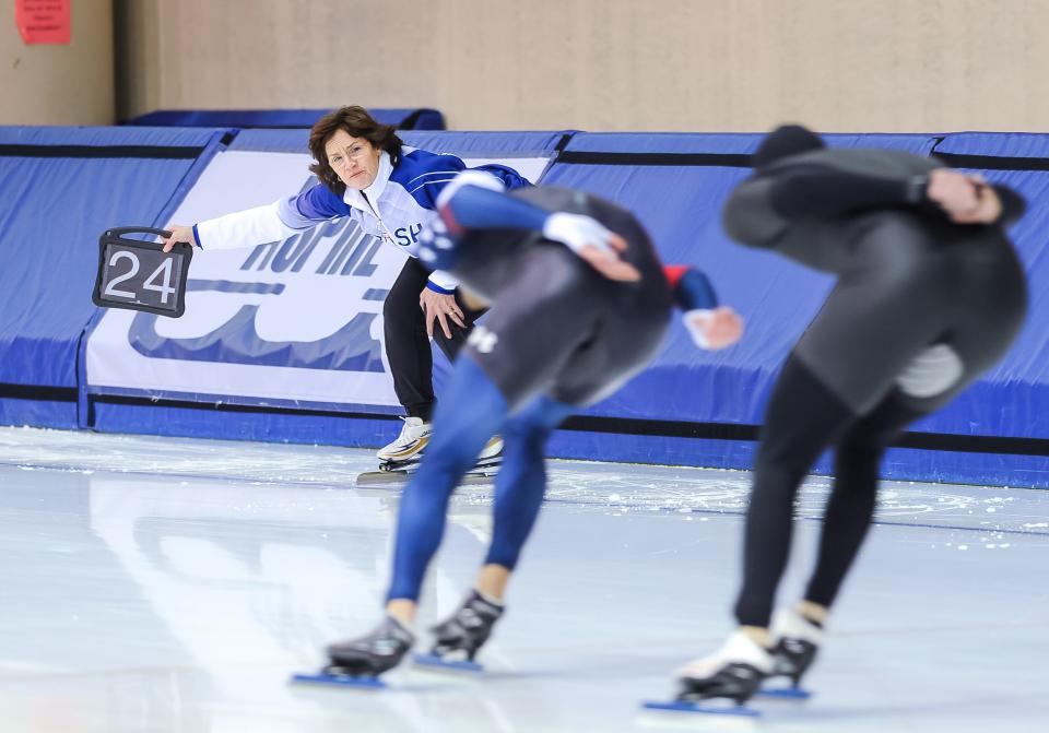 Five-time gold medalist Bonnie Blair coaches skaters at the Pettit National Ice Center, where she is working to help the sport regain the popularity in the United States it had during her career.