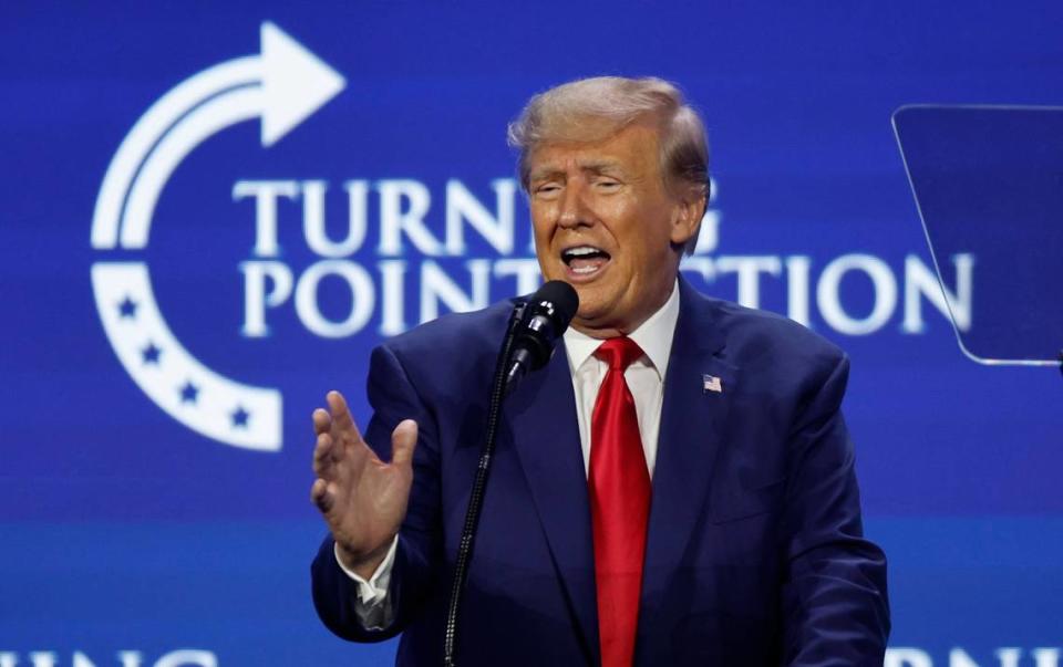 Donald Trump speaks during the Turning Point Action Conference at the Palm Beach County Convention Center in West Palm Beach, Florida, on Saturday, July 15, 2023.